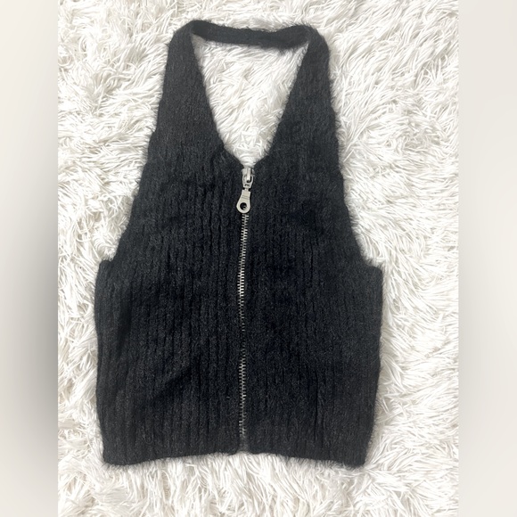 THE RAGGED PRIEST Bug Fuzzy Eyelash Ribbed Knit Halter Crop Top Zip Up Black S - Picture 9 of 12